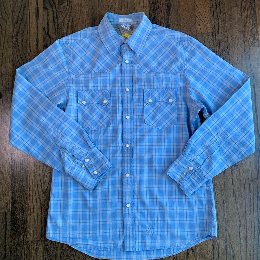Old Navy Vintage Fit Mens Blue Plaid Cowboy Western Shirt Snap Long Sleeve S